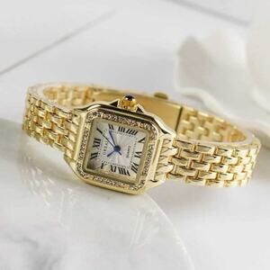 Gold Plated Zircon Square Quartz Watch